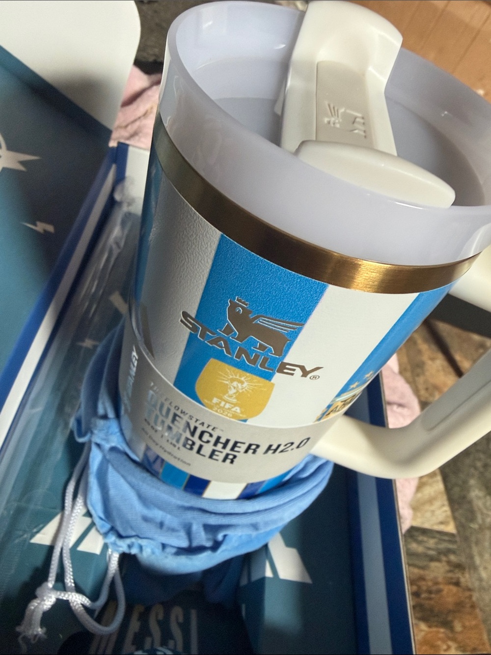 Stanley Blue and White Insulated Travel Mug with Gold Accent